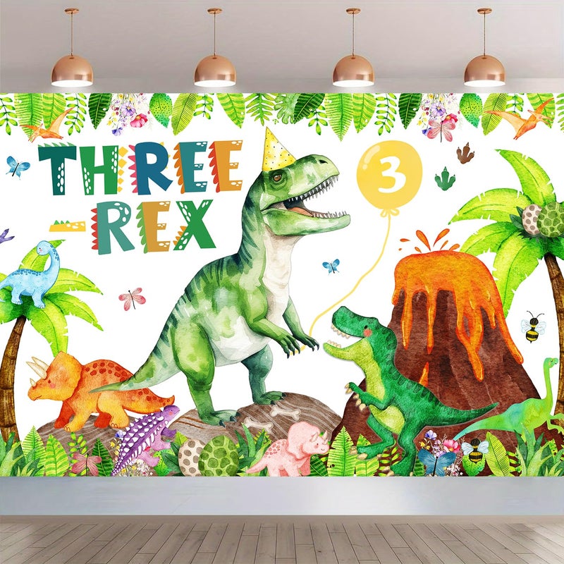 BIGKEOKI Three Rex Birthday Party Decorations Boy Dinosaur 3rd Birthday Party Banner Backdrop Jungle Leaves T-rex Dino Bday Photography Background 3 Rex Dinosaur Party Supplies Decorations (Green Dino 3rd) - Image 1